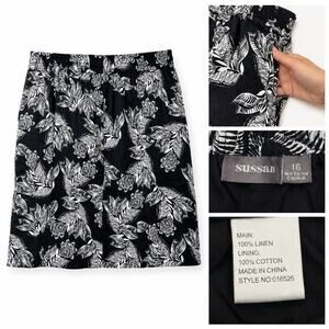 Sussan 100% Linen Floral Skirt Size 16 Black Pockets Lined Elastic Waist